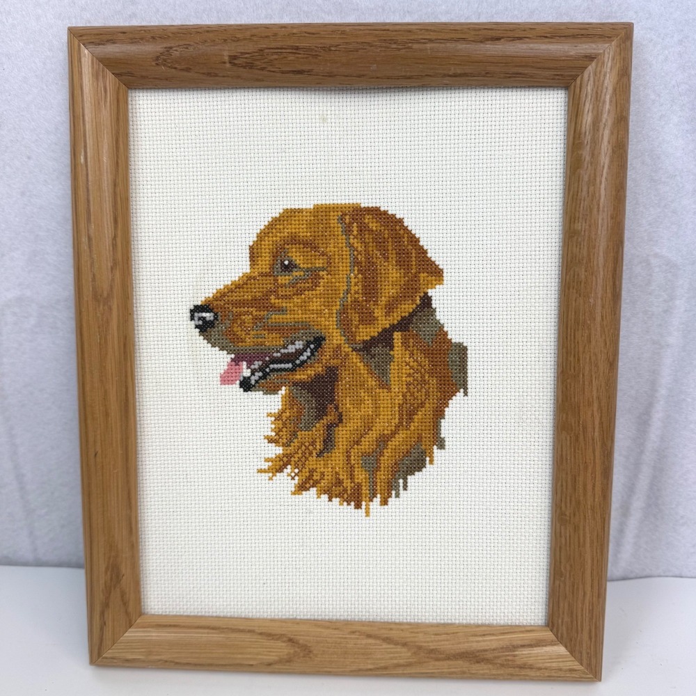Golden Retriever Cross Stitch 9.5x11.5 Gold Tan Framed Dog Wall Art